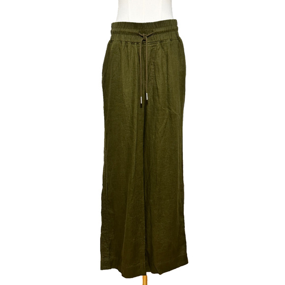 Quince NWT European Linen Olive Green Wide Leg Pants Medium Elastic Waist - Picture 1 of 6